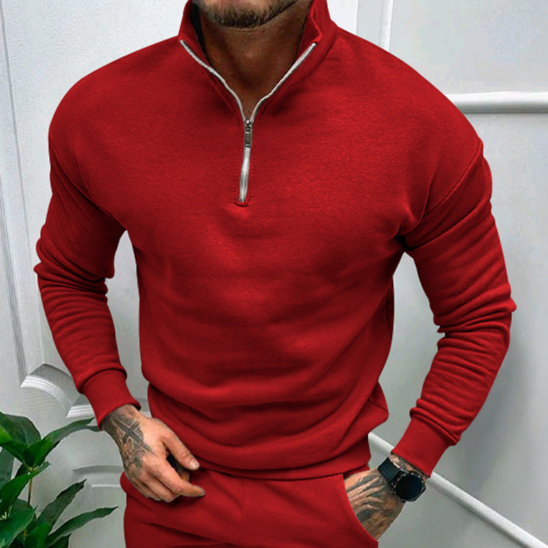 Men's Half-Zip Sweatshirt with Stand Collar in Red - alternate angle showing fit and fabric detail