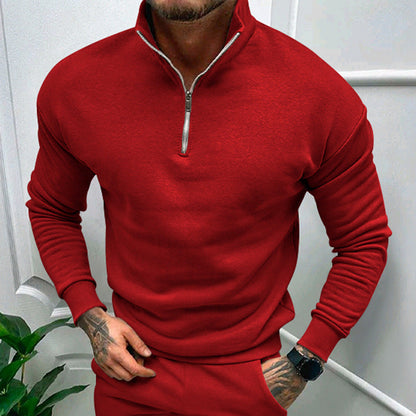 Men's Half-Zip Sweatshirt with Stand Collar in Red - alternate angle showing fit and fabric detail