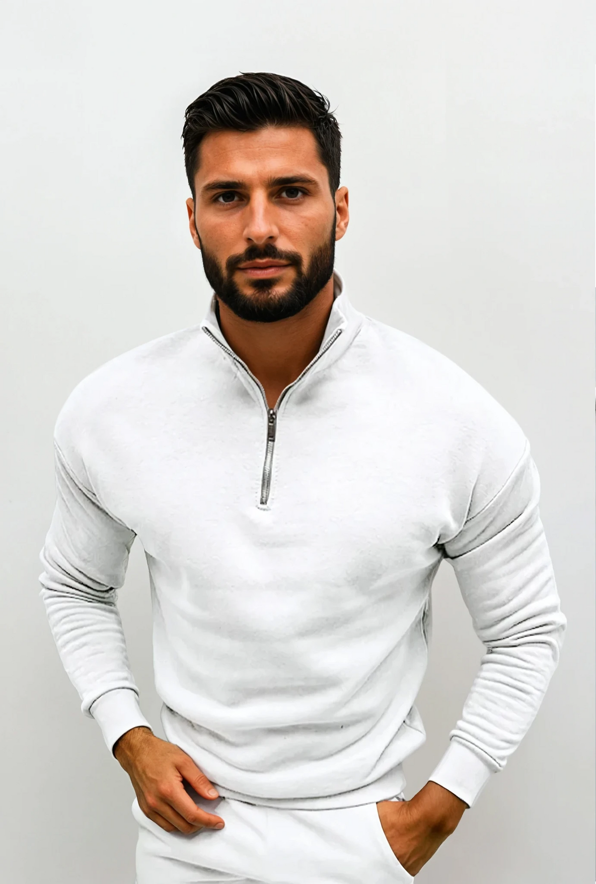Men's Half-Zip Sweatshirt with Stand Collar in White - front view