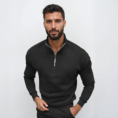 Men's Half-Zip Sweatshirt with Stand Collar in Black - front view