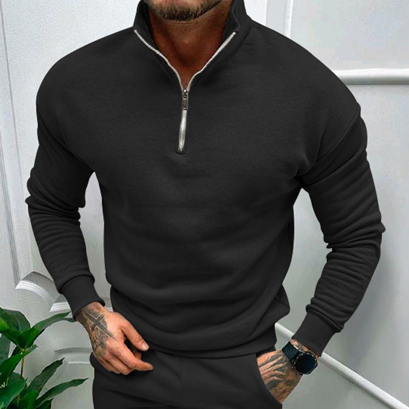 Men's Half-Zip Sweatshirt with Stand Collar in Beige - alternate angle showing fit and fabric detail