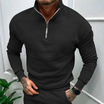 Men's Half-Zip Sweatshirt with Stand Collar in Beige - alternate angle showing fit and fabric detail