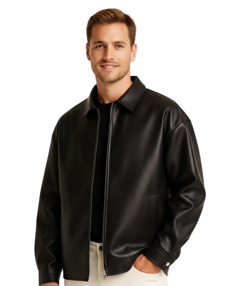 Men's Classic Faux Leather Shirt Jacket in Black - main view