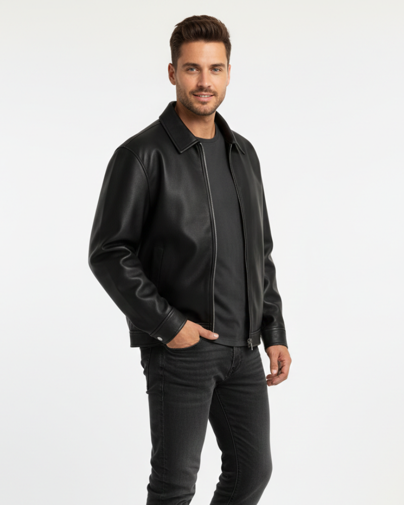 Men's Classic Faux Leather Shirt Jacket in Black - alternate angle showing fit and fabric detail