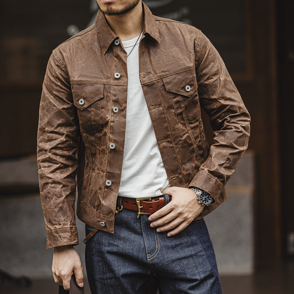 Men's Waxed Canvas Trucker Jacket in Brown - alternate angle showing fit and fabric detail
