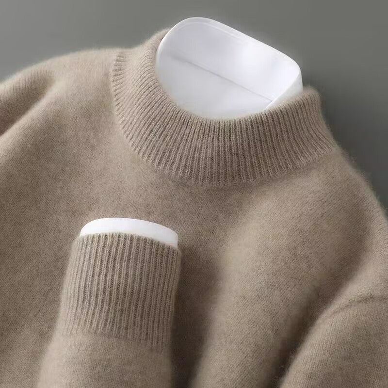 Men's Brushed Knit Crew Neck Sweater in Camel - front view