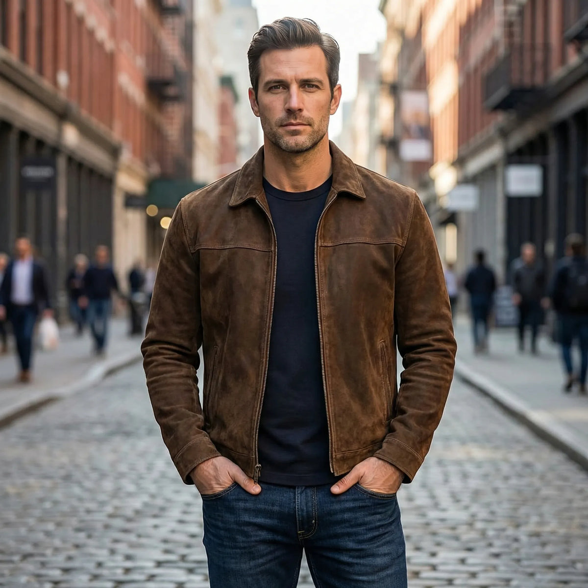Men's Casual Zip-Up Faux Leather Jacket in Green - alternate angle showing fit and fabric detail