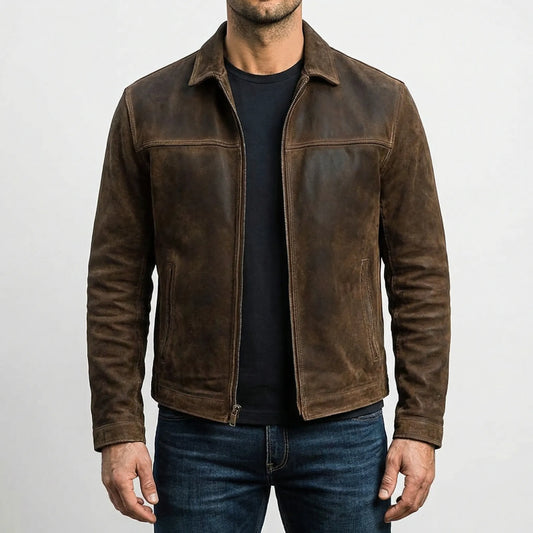 Men's Casual Zip-Up Faux Leather Jacket in Brown - front view