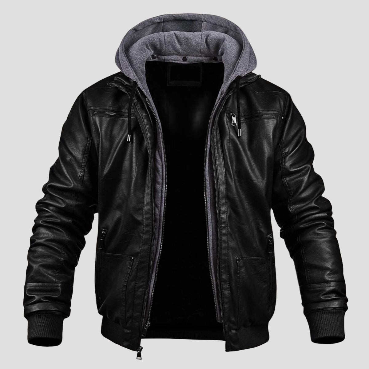 Men's Faux Leather Bomber Jacket with Jersey Hood in Black - front view