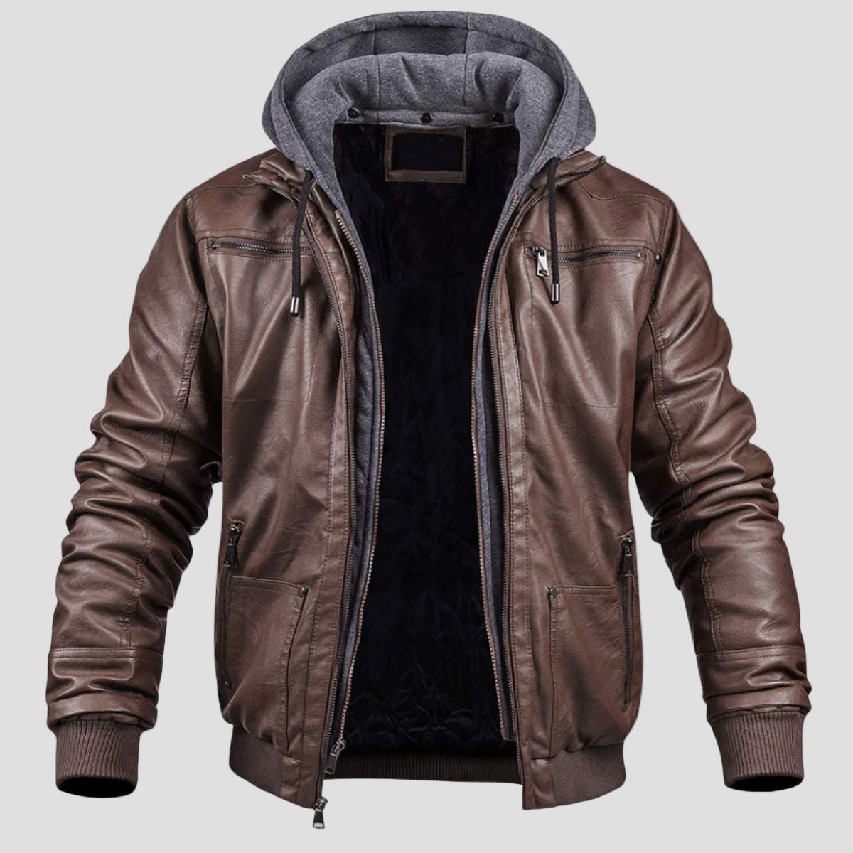 Men's Faux Leather Bomber Jacket with Jersey Hood in Dark Brown - front view