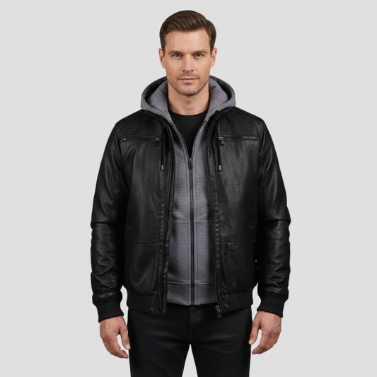 Men's Faux Leather Bomber Jacket with Jersey Hood - main view