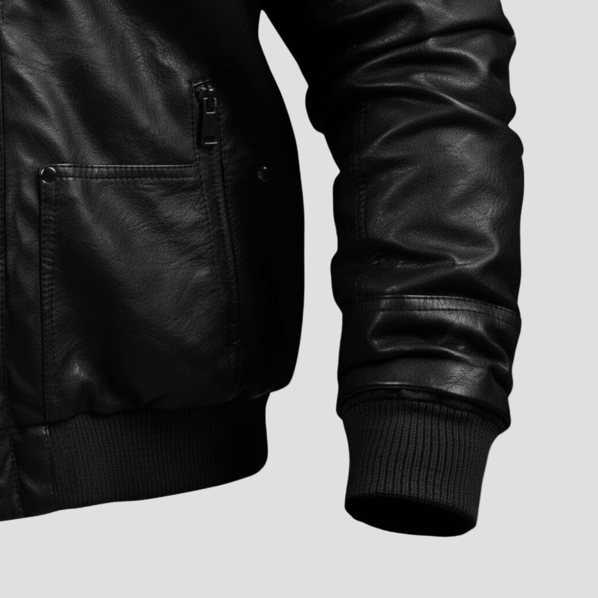 Men's Faux Leather Bomber Jacket with Jersey Hood in Black - alternate angle showing fit and fabric detail