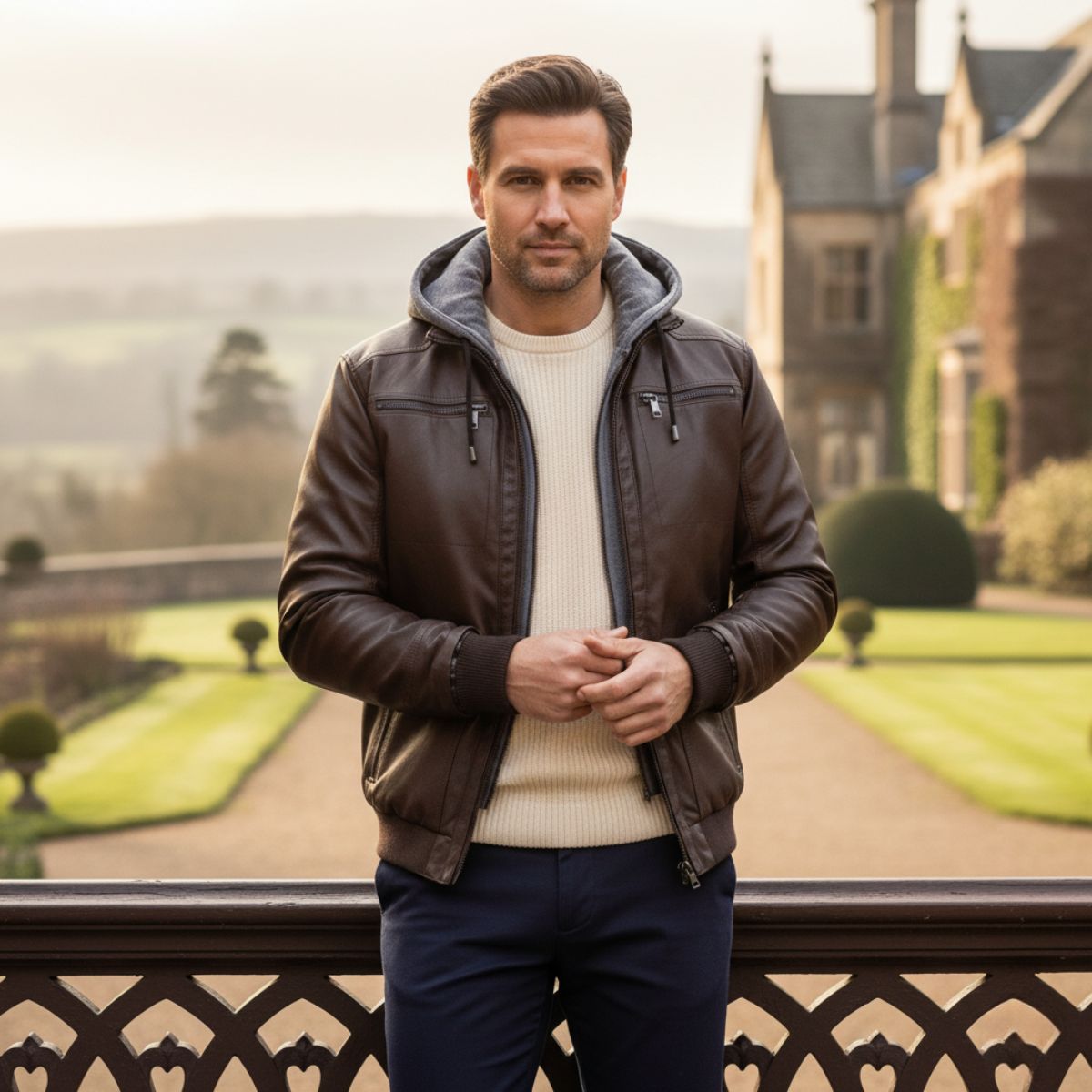 Men's Faux Leather Bomber Jacket with Jersey Hood in Black - alternate angle showing fit and fabric detail
