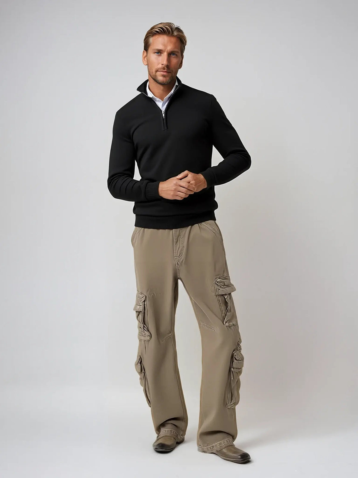Men's Fine Knit Half-Zip Sweater in Black - alternate angle showing fit and fabric detail