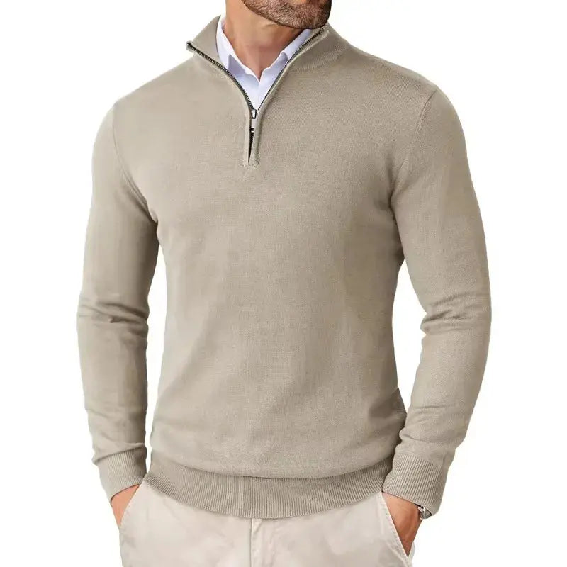 Men's Fine Knit Half-Zip Sweater in Beige - front view