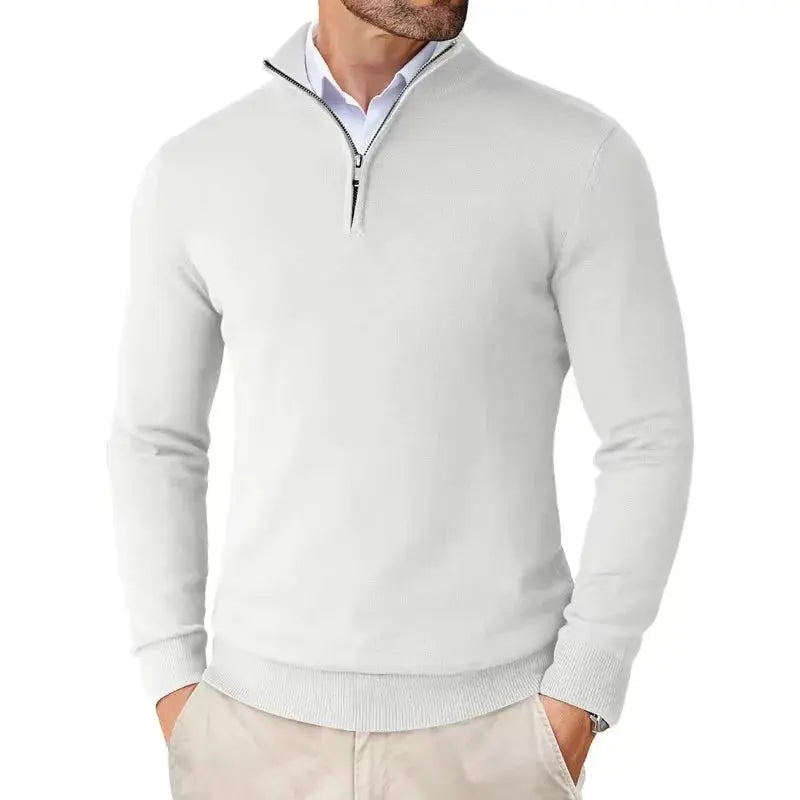 Men's Fine Knit Half-Zip Sweater in White - front view