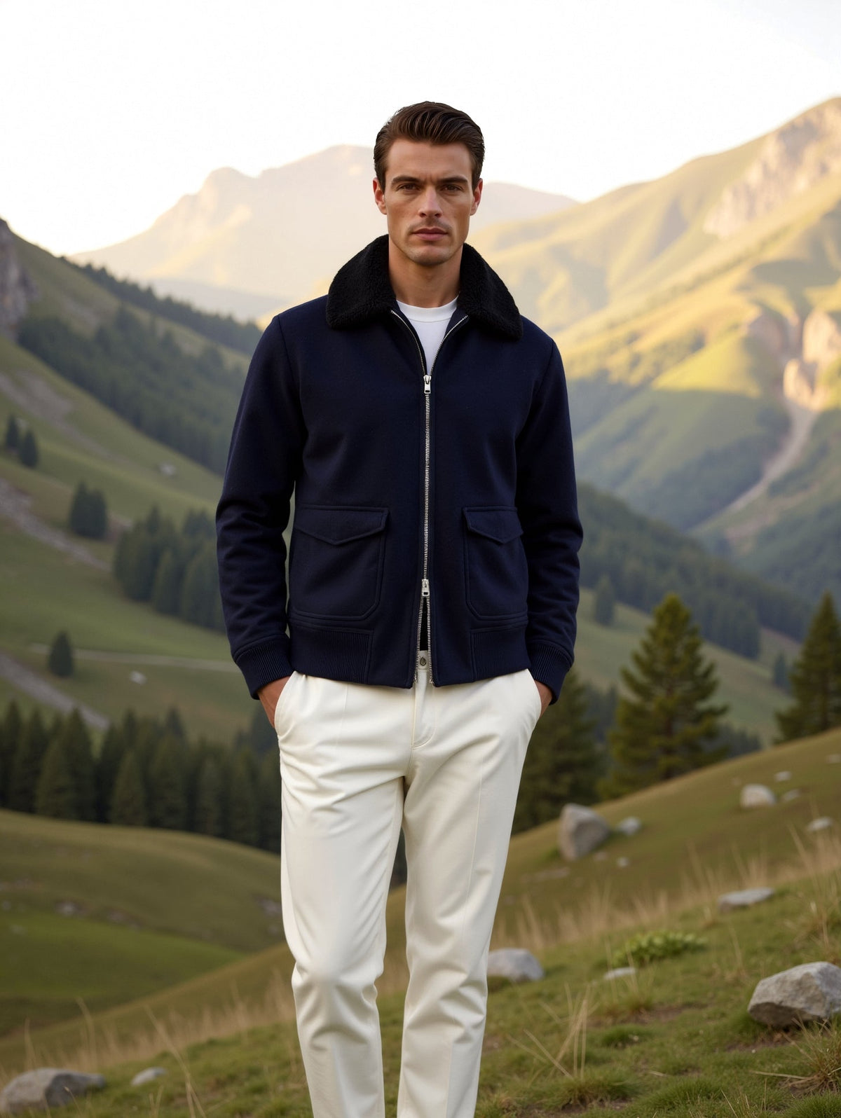 Men's Navy Zip-Front Jacket with Sherpa Collar in Blue - alternate angle showing fit and fabric detail