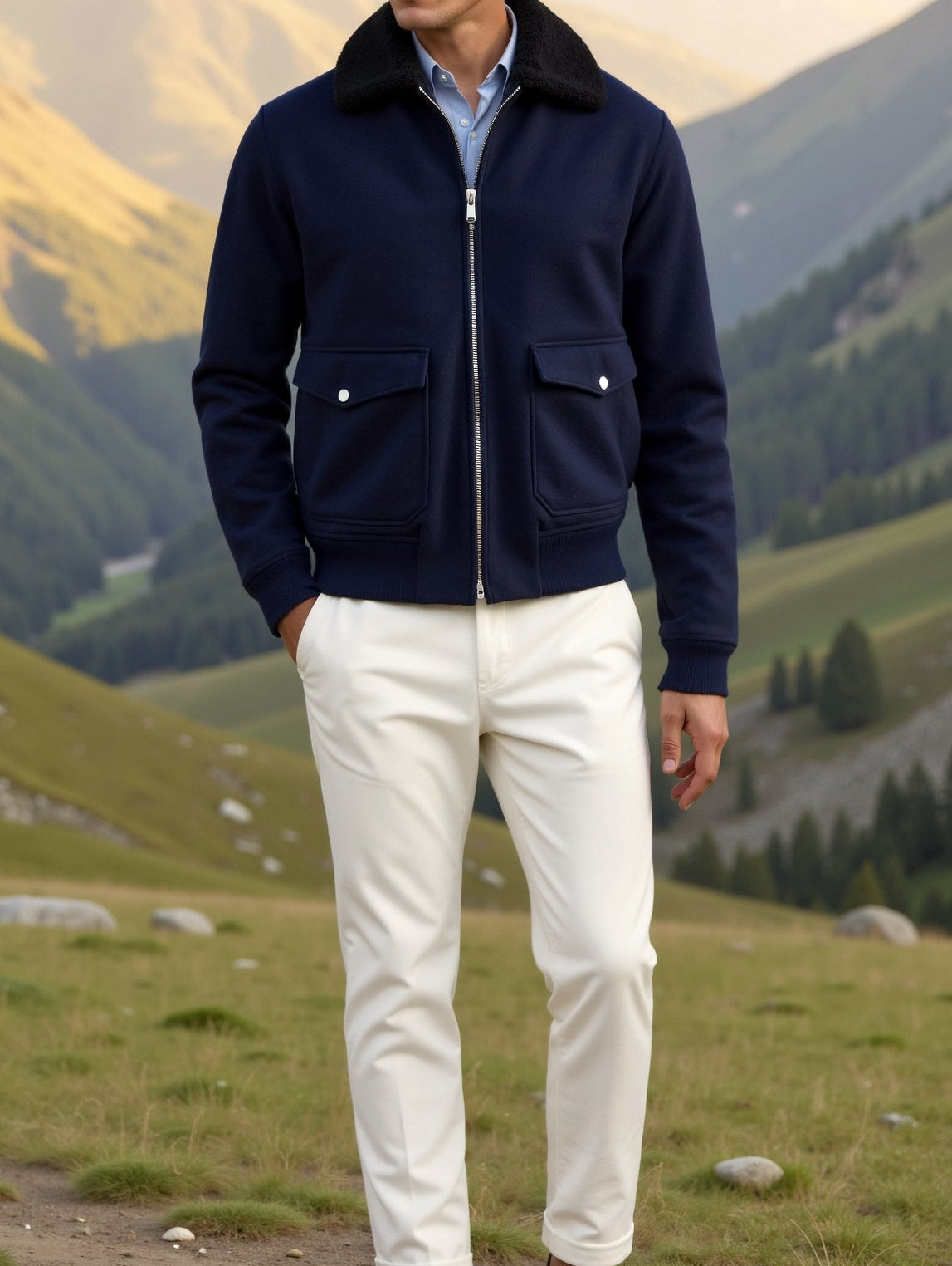 Men's Navy Zip-Front Jacket with Sherpa Collar in Blue - alternate angle showing fit and fabric detail