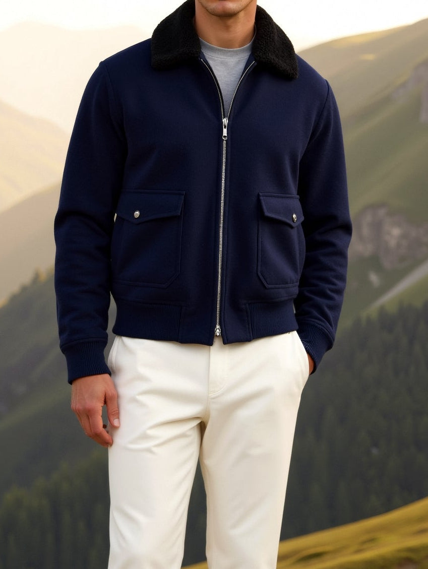 Men's Navy Zip-Front Jacket with Sherpa Collar in Blue - alternate angle showing fit and fabric detail