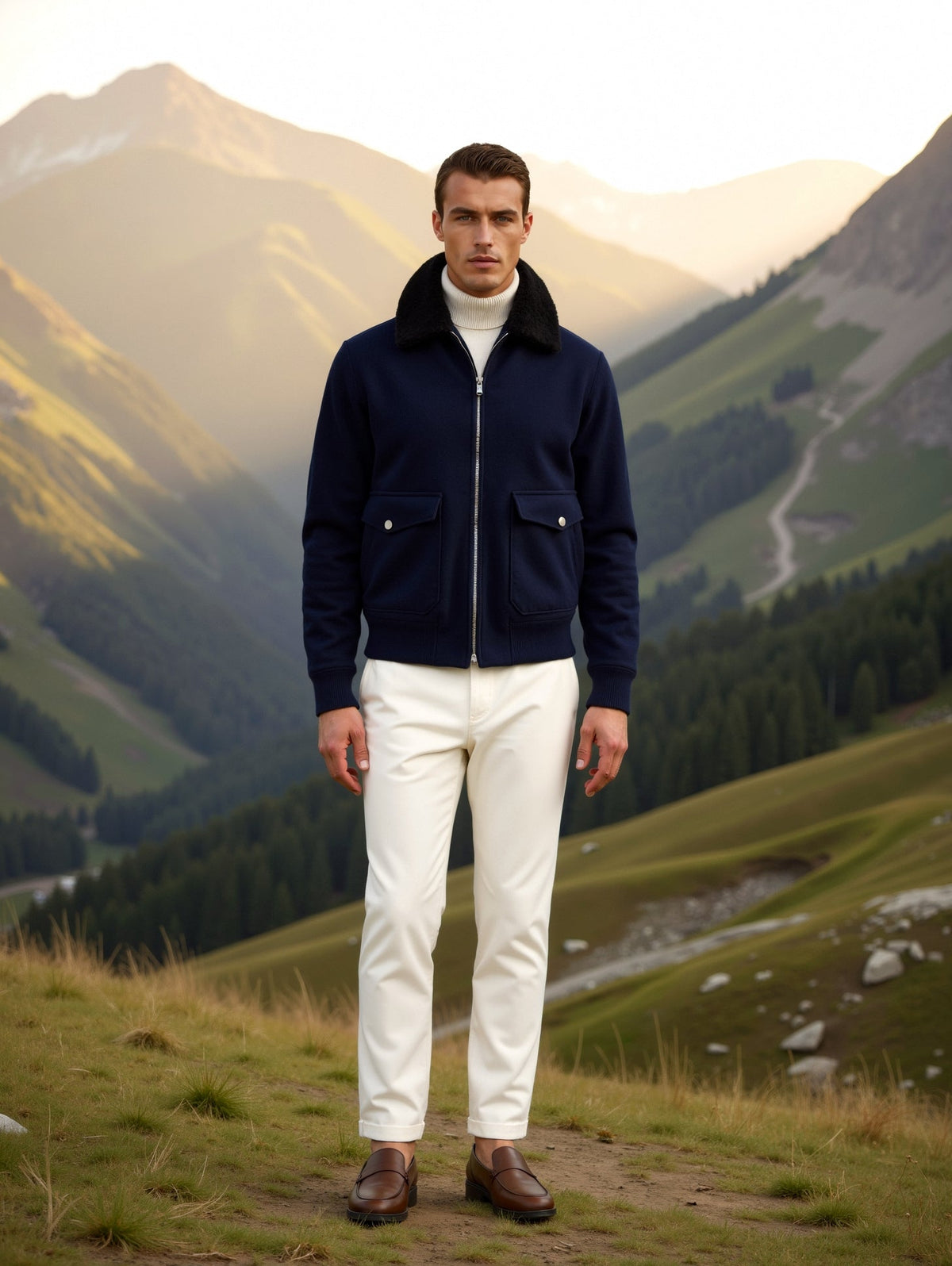 Men's Navy Zip-Front Jacket with Sherpa Collar in Blue - alternate angle showing fit and fabric detail