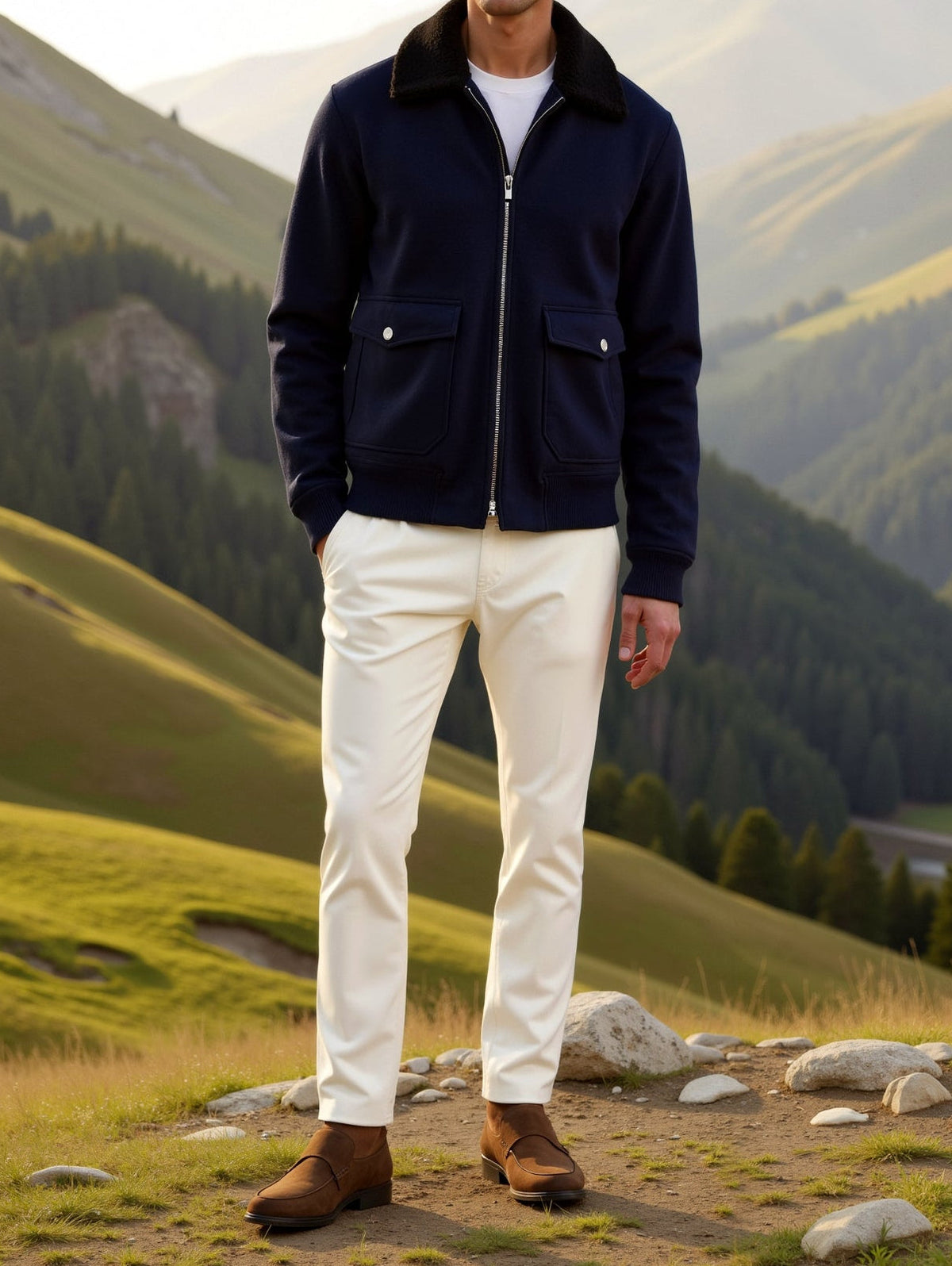 Men's Navy Zip-Front Jacket with Sherpa Collar in Blue - alternate angle showing fit and fabric detail
