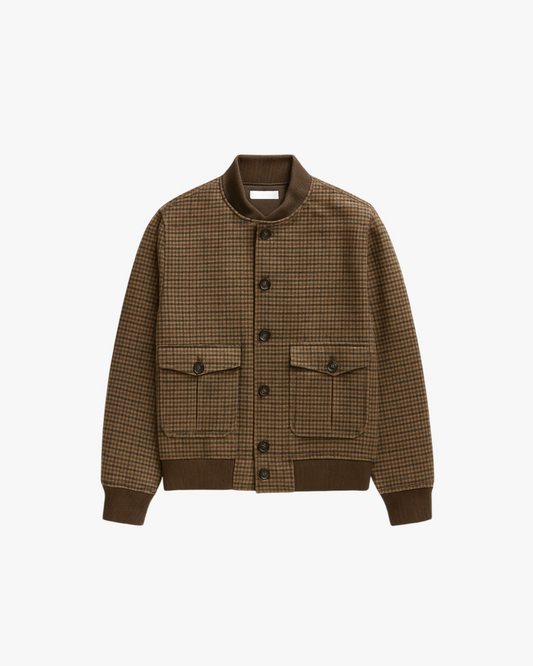 Men's Check Pattern Bomber Jacket with Stand Collar in Checkered - front view