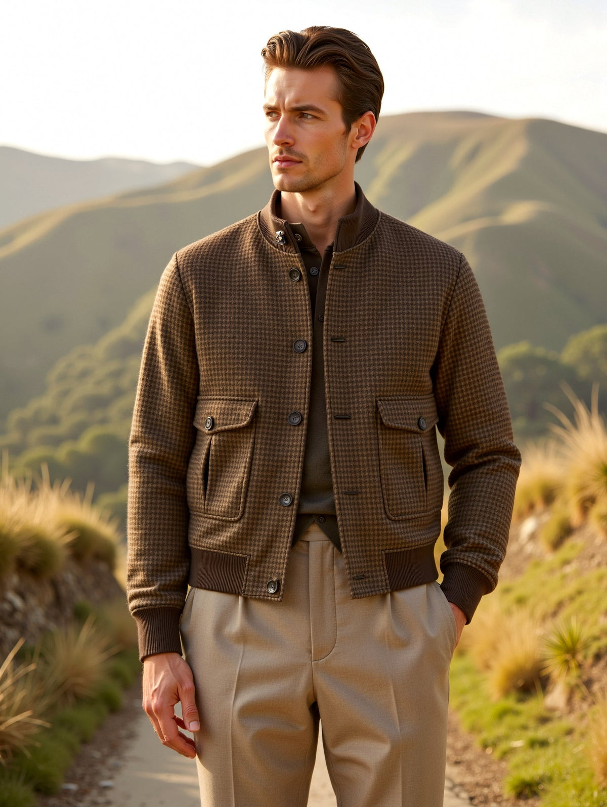 Men's Check Pattern Bomber Jacket with Stand Collar in Checkered - alternate angle showing fit and fabric detail