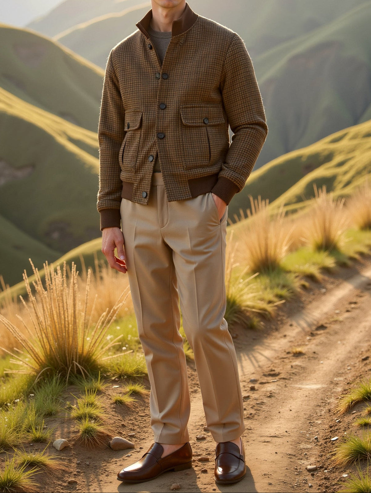 Men's Check Pattern Bomber Jacket with Stand Collar in Checkered - alternate angle showing fit and fabric detail