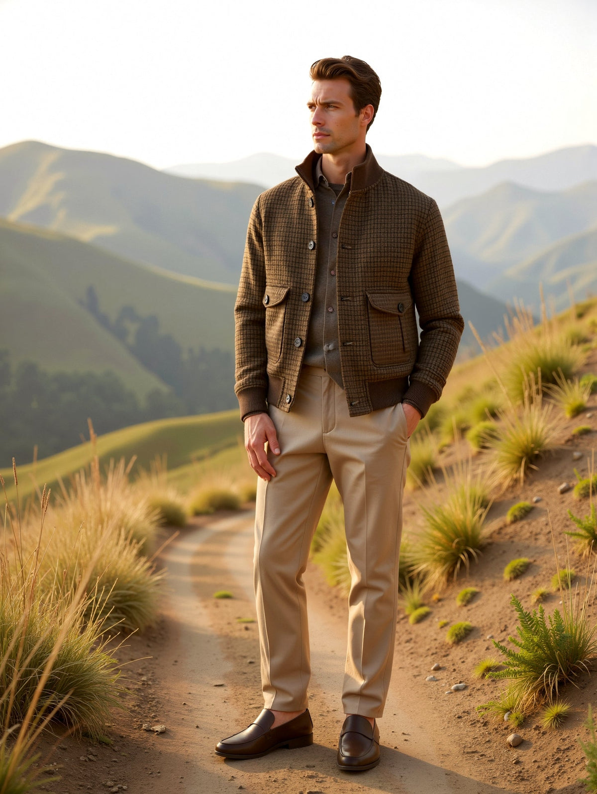 Men's Check Pattern Bomber Jacket with Stand Collar in Checkered - alternate angle showing fit and fabric detail