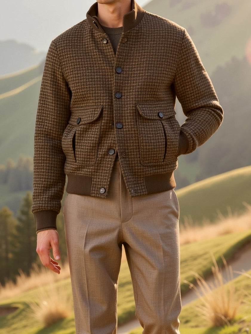Men's Check Pattern Bomber Jacket with Stand Collar in Checkered - alternate angle showing fit and fabric detail