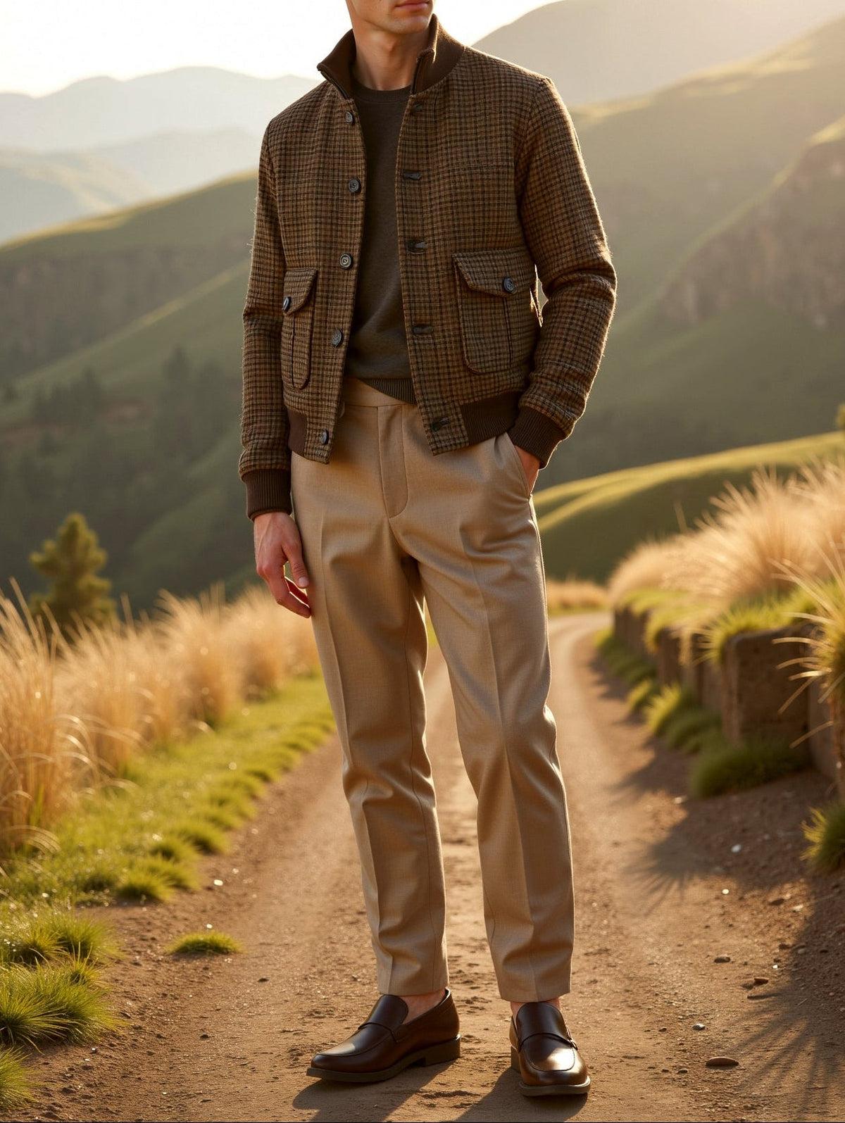 Men's Check Pattern Bomber Jacket with Stand Collar in Checkered - alternate angle showing fit and fabric detail
