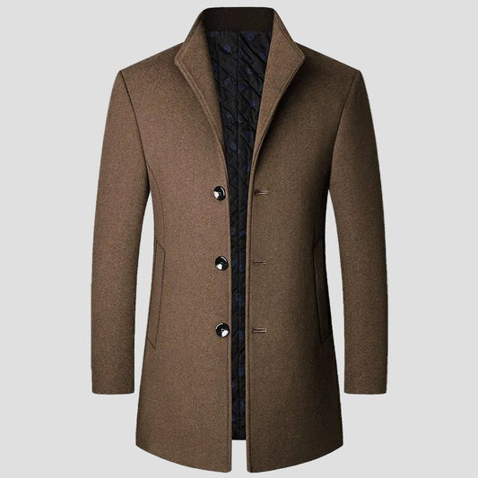 Men's Single-Breasted Overcoat with Stand Collar and Quilted Insert in Brown - front view