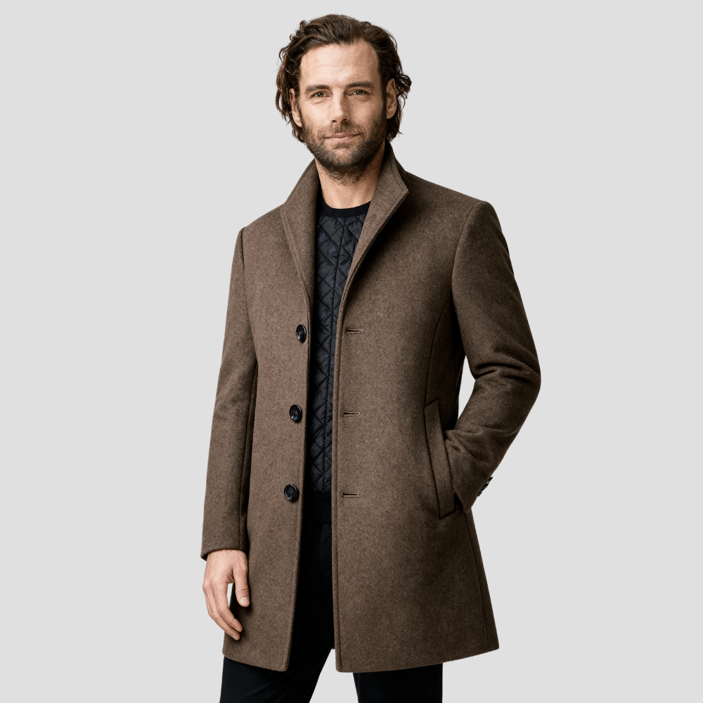 Men's Single-Breasted Overcoat with Stand Collar and Quilted Insert in Brown - alternate angle showing fit and fabric detail