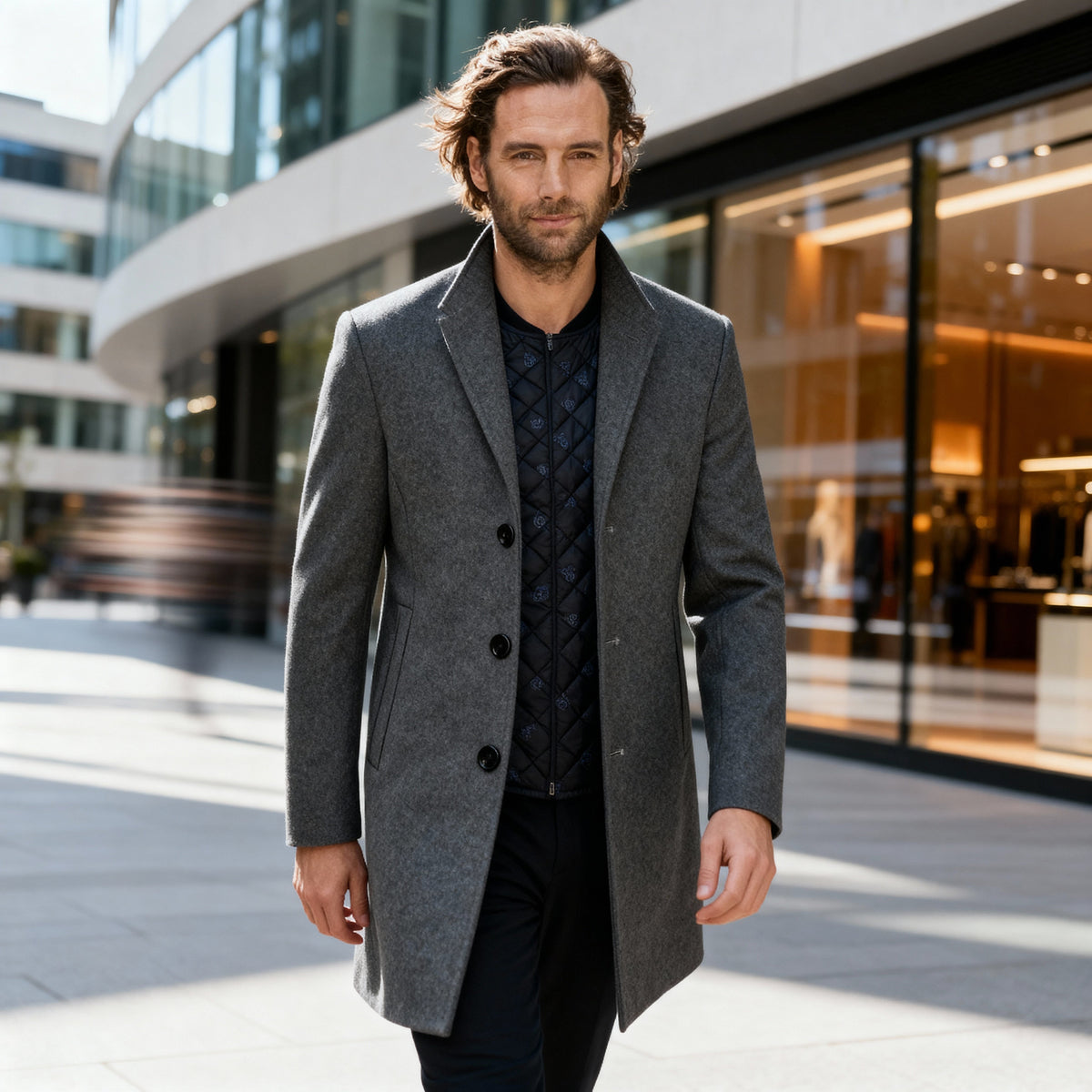 Men's Single-Breasted Overcoat with Stand Collar and Quilted Insert in Black - alternate angle showing fit and fabric detail