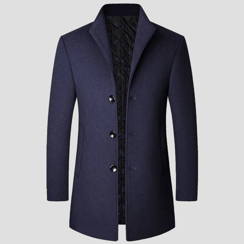 Men's Single-Breasted Overcoat with Stand Collar and Quilted Insert in Navy Blue - front view