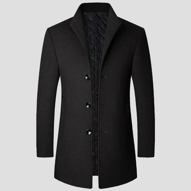Men's Single-Breasted Overcoat with Stand Collar and Quilted Insert in Black - front view