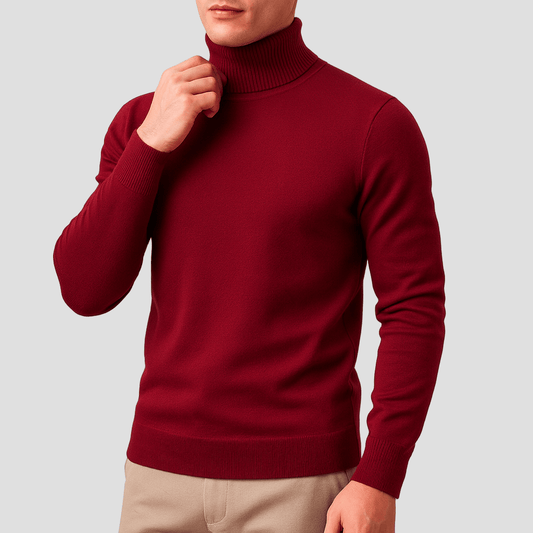 Men's Fine Knit Turtleneck Sweater in Red - front view