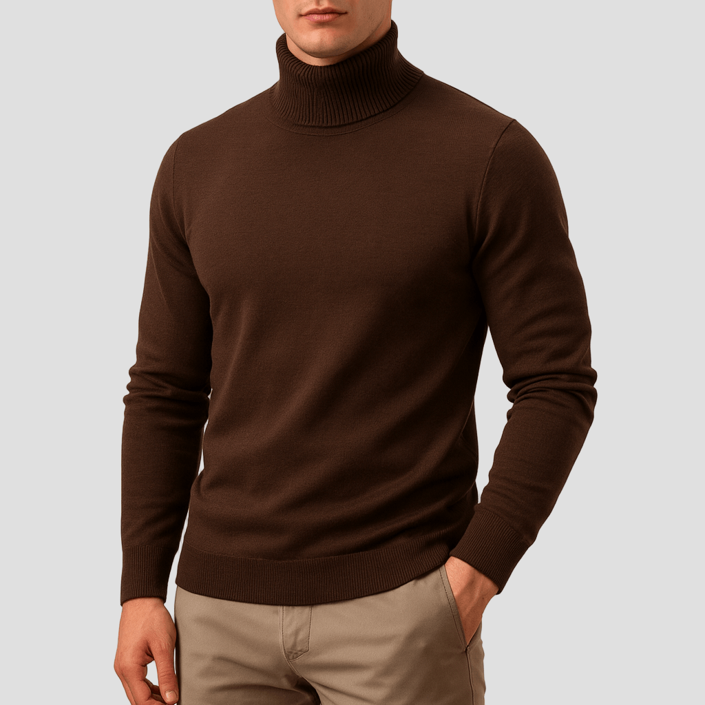 Men's Fine Knit Turtleneck Sweater in Brown - front view