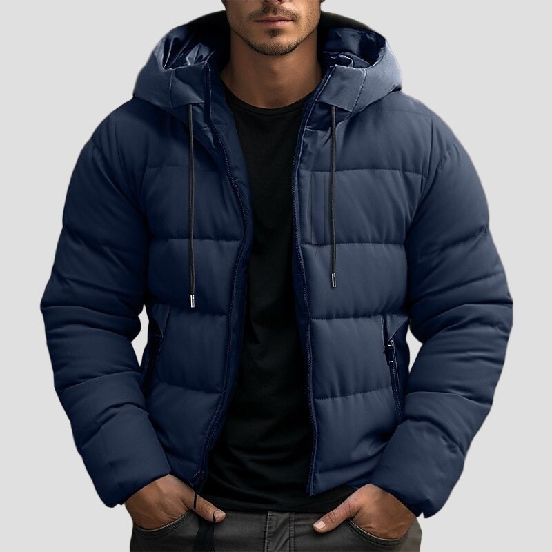 Men's Hooded Quilted Puffer Jacket in Blue - front view