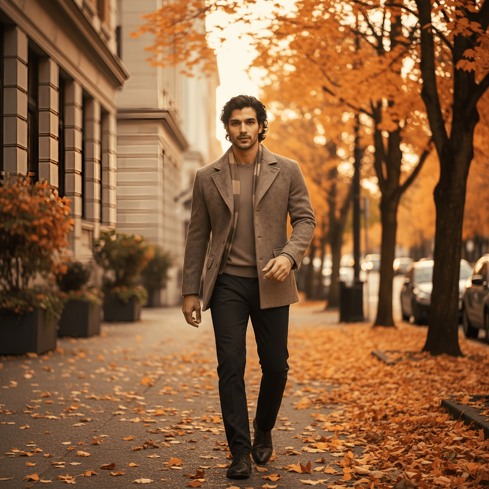 Men's Notch Lapel Wool-Blend Blazer Coat in Brown - alternate angle showing fit and fabric detail