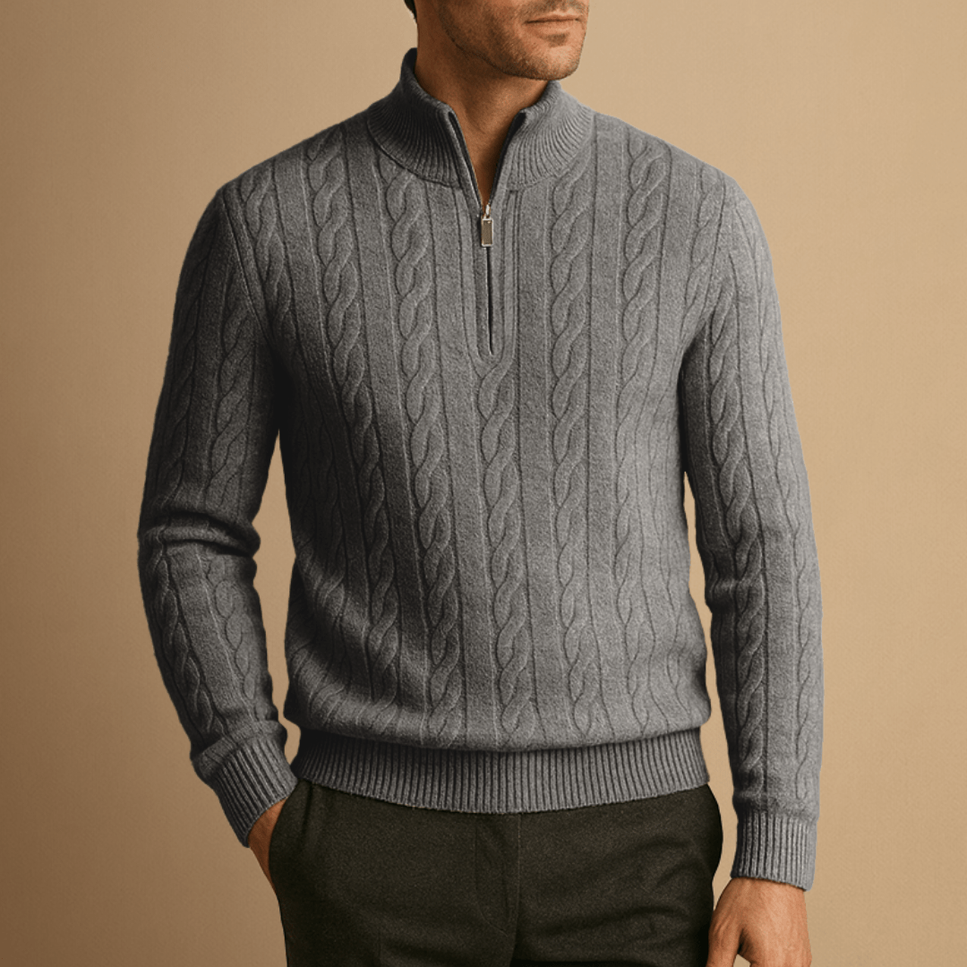 Men's Cable Knit Half-Zip Sweater in Dark Grey - front view