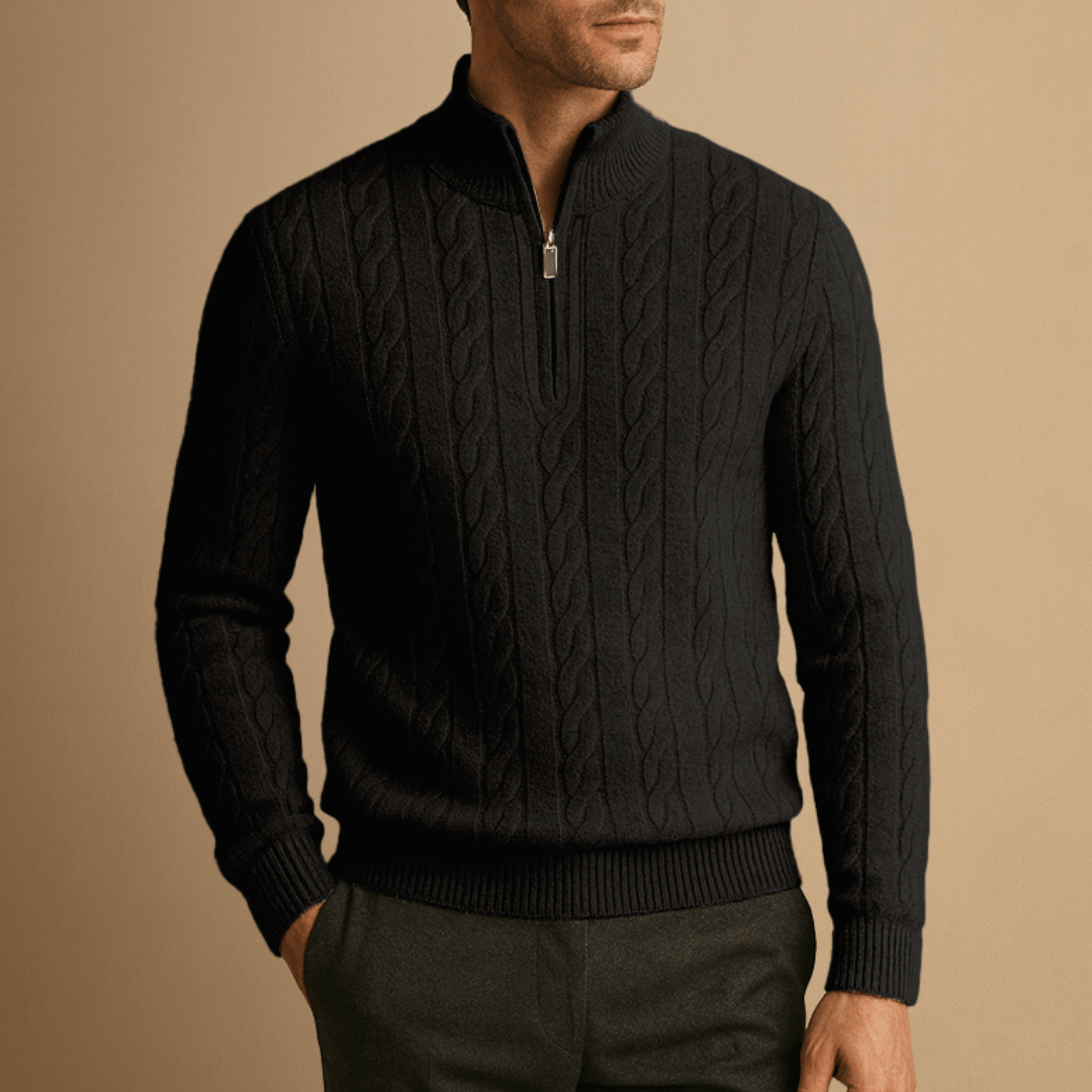 Men's Cable Knit Half-Zip Sweater in Black - front view