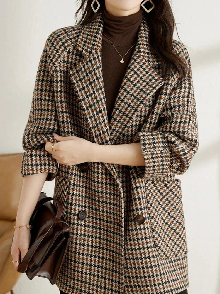 Women's Houndstooth Double-Breasted Blazer Coat in Brown - front view