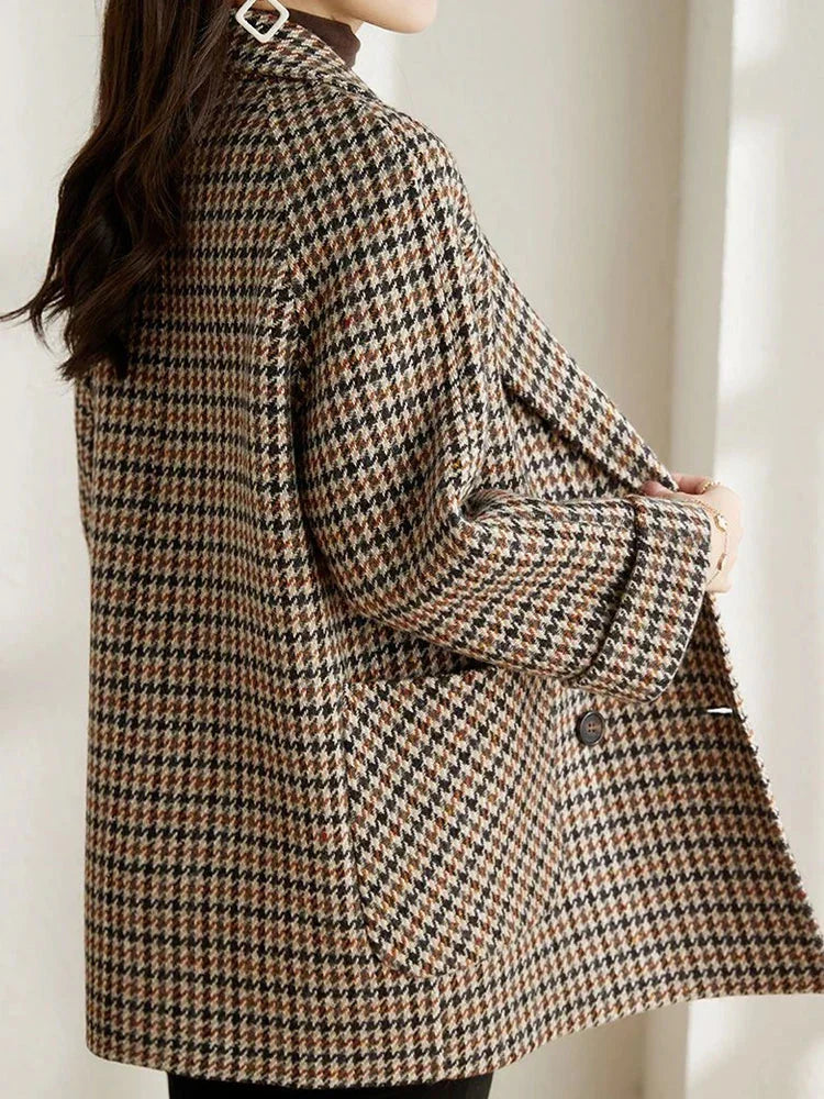 Women's Houndstooth Double-Breasted Blazer Coat in Black - alternate angle showing fit and fabric detail