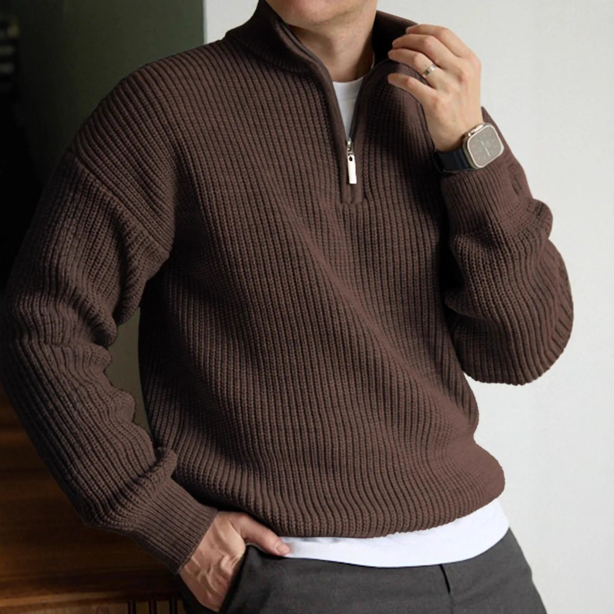 Men's Chunky Knit Quarter-Zip Sweater in Smokewood Brown - front view