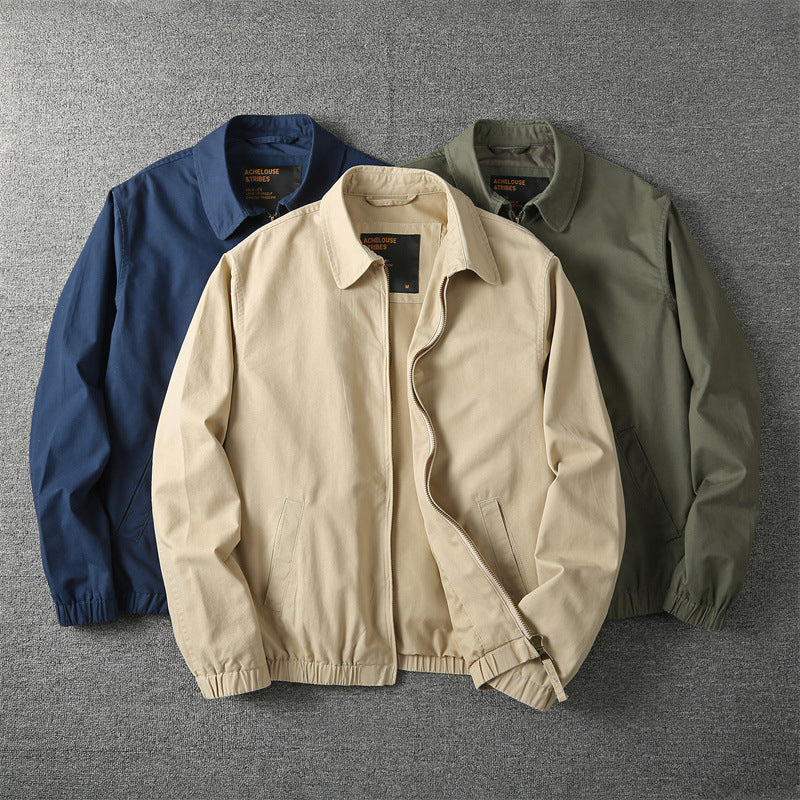 Men's Harrington Jacket in Navy - alternate angle showing fit and fabric detail