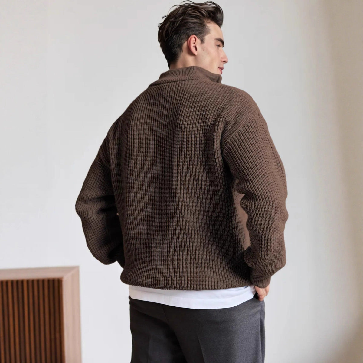 Men's Chunky Knit Quarter-Zip Sweater in Smokewood Brown - alternate angle showing fit and fabric detail