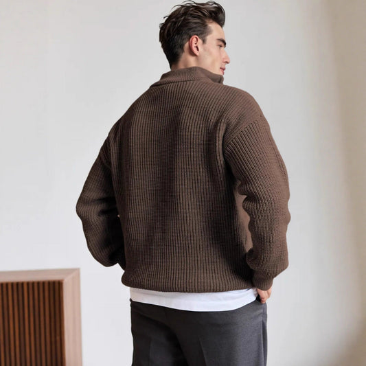 Men's Chunky Knit Quarter-Zip Sweater in Smokewood Brown - alternate angle showing fit and fabric detail