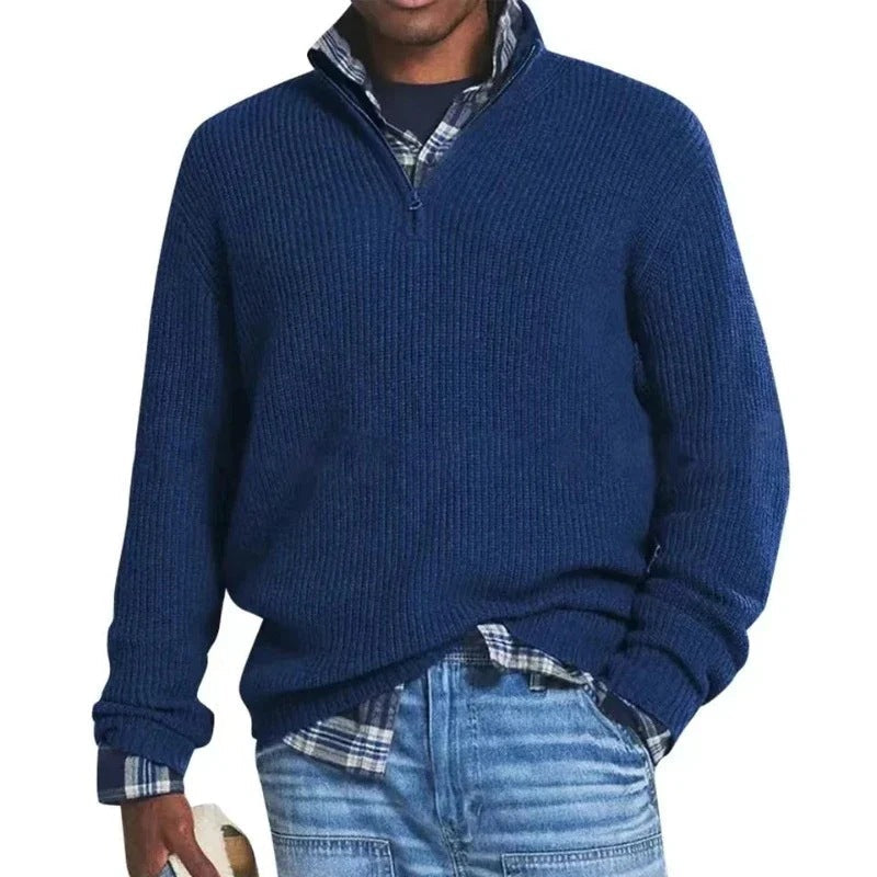 Men's Ribbed Knit Quarter-Zip Pullover in Dark Blue - front view