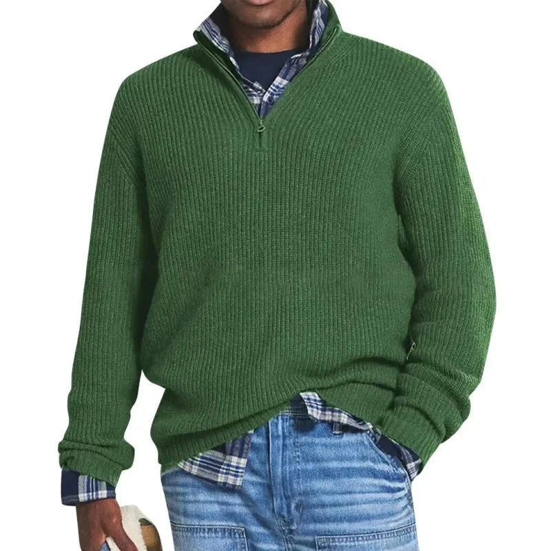 Men's Ribbed Knit Quarter-Zip Pullover in Green - front view